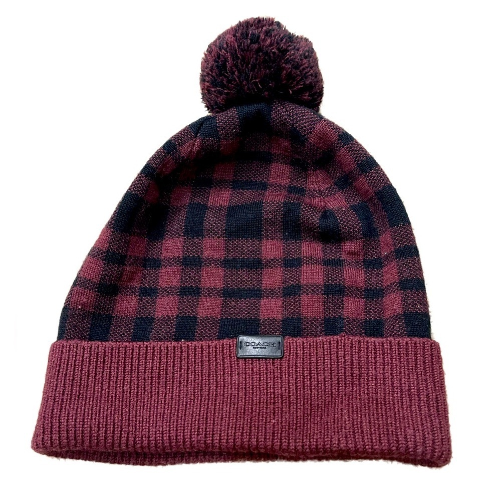 Coach Wool Blend Plaid Pom Beanie in Oxblood Burgundy Red